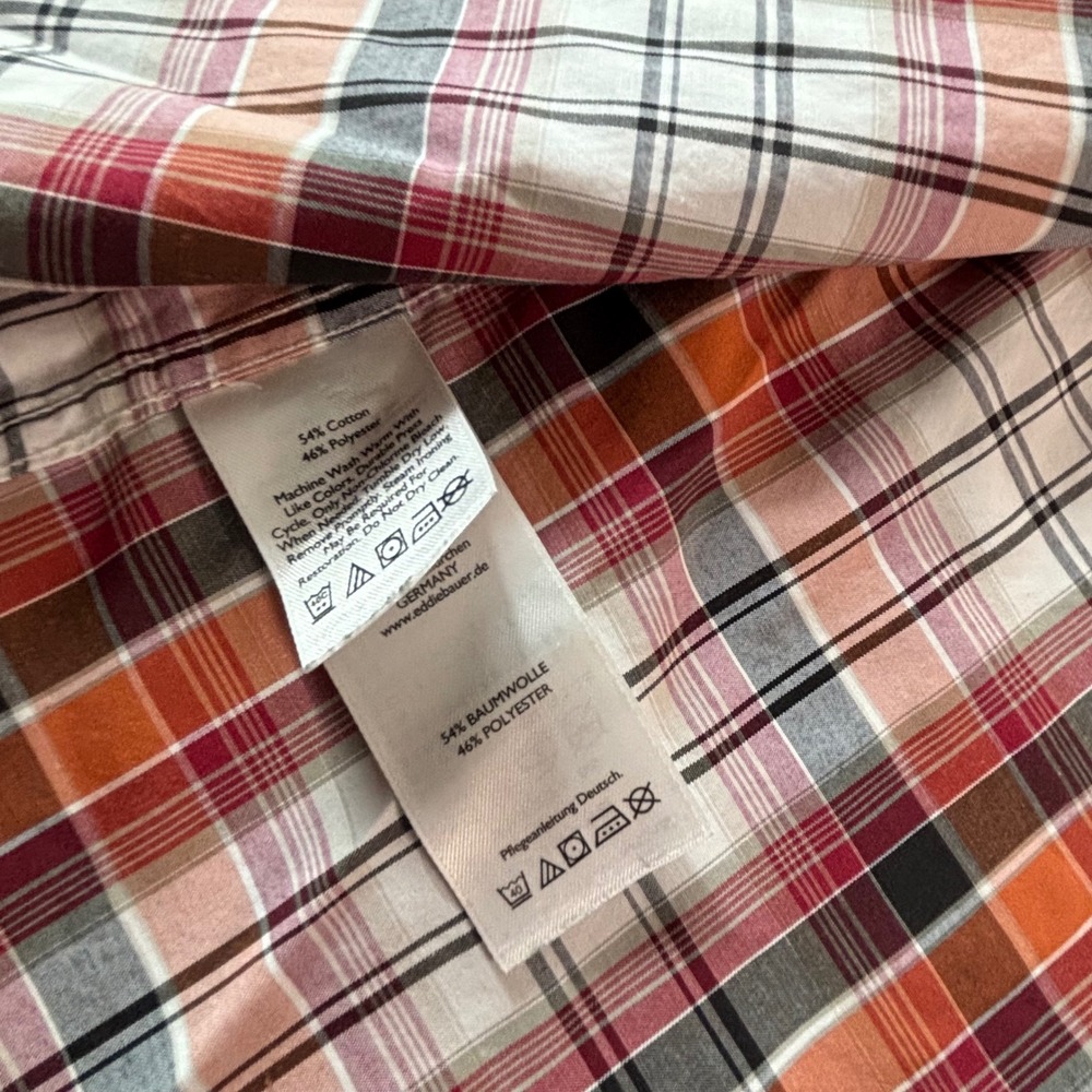 Eddie Bauer Mens M Classic Fit Short Sleeve Plaid Button Up Shirt Orange Red - Picture 5 of 8